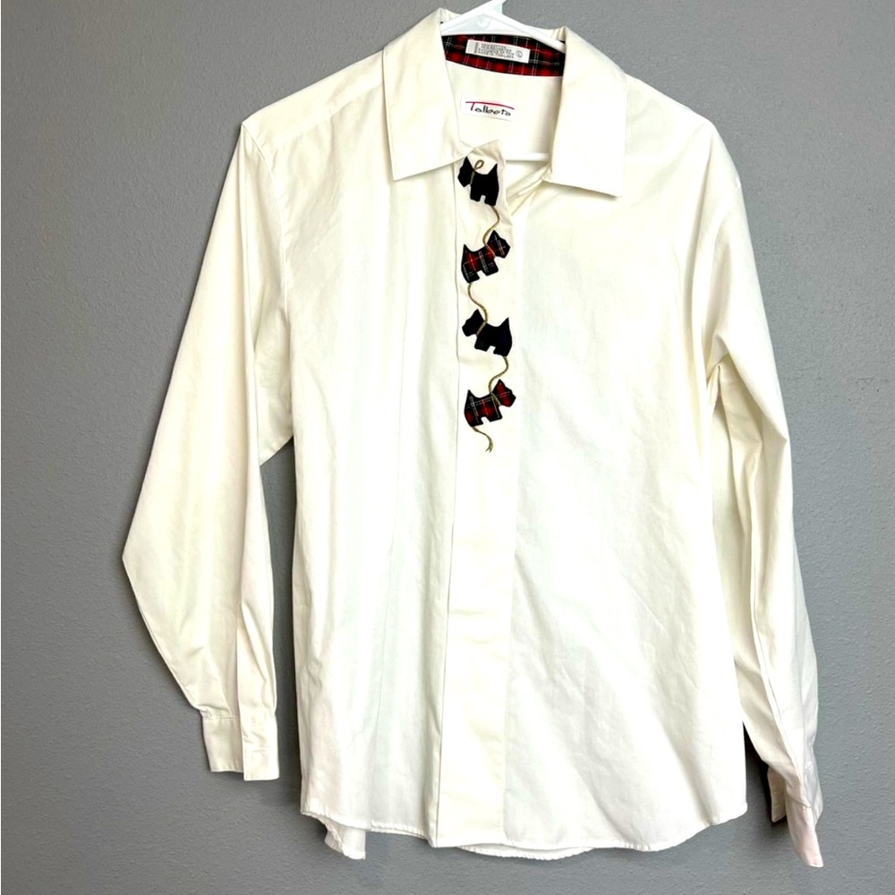 Talbots Vintage Scottish Embroidery Appliqué terrier white button blouse. Size L